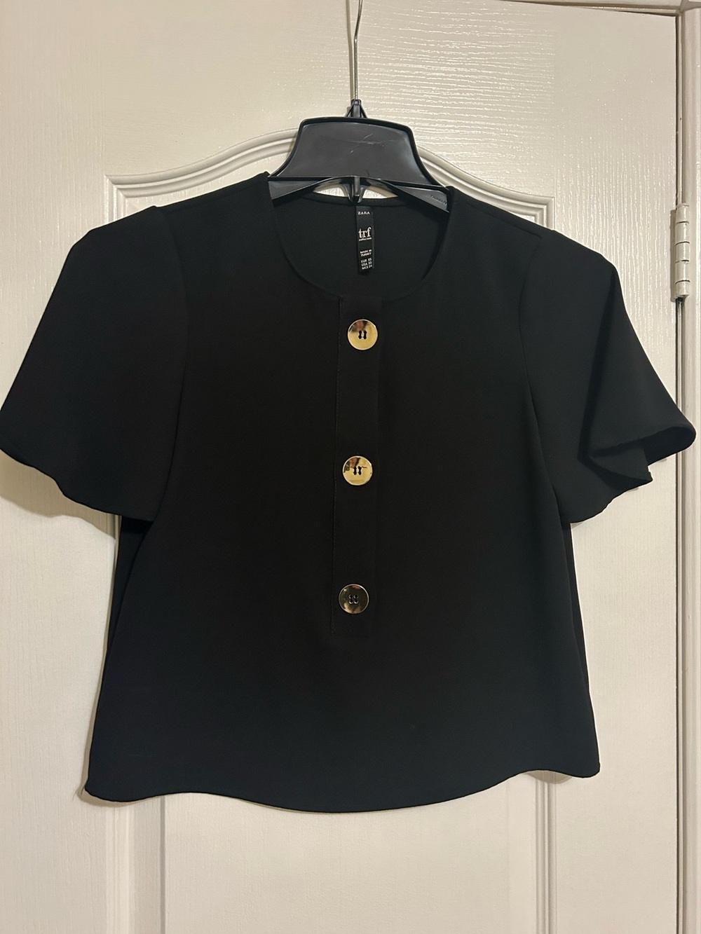 Zara Black Short-Sleeve Blouse with Gold Buttons